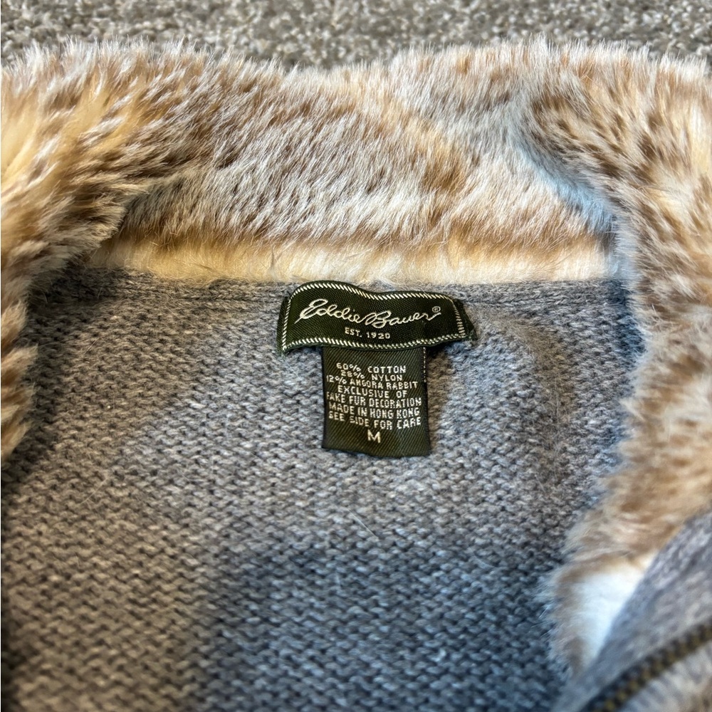 Eddie Bauer Gray Cotton Quarter Zip Sweater with Faux Fur Trim - Picture 2 of 2